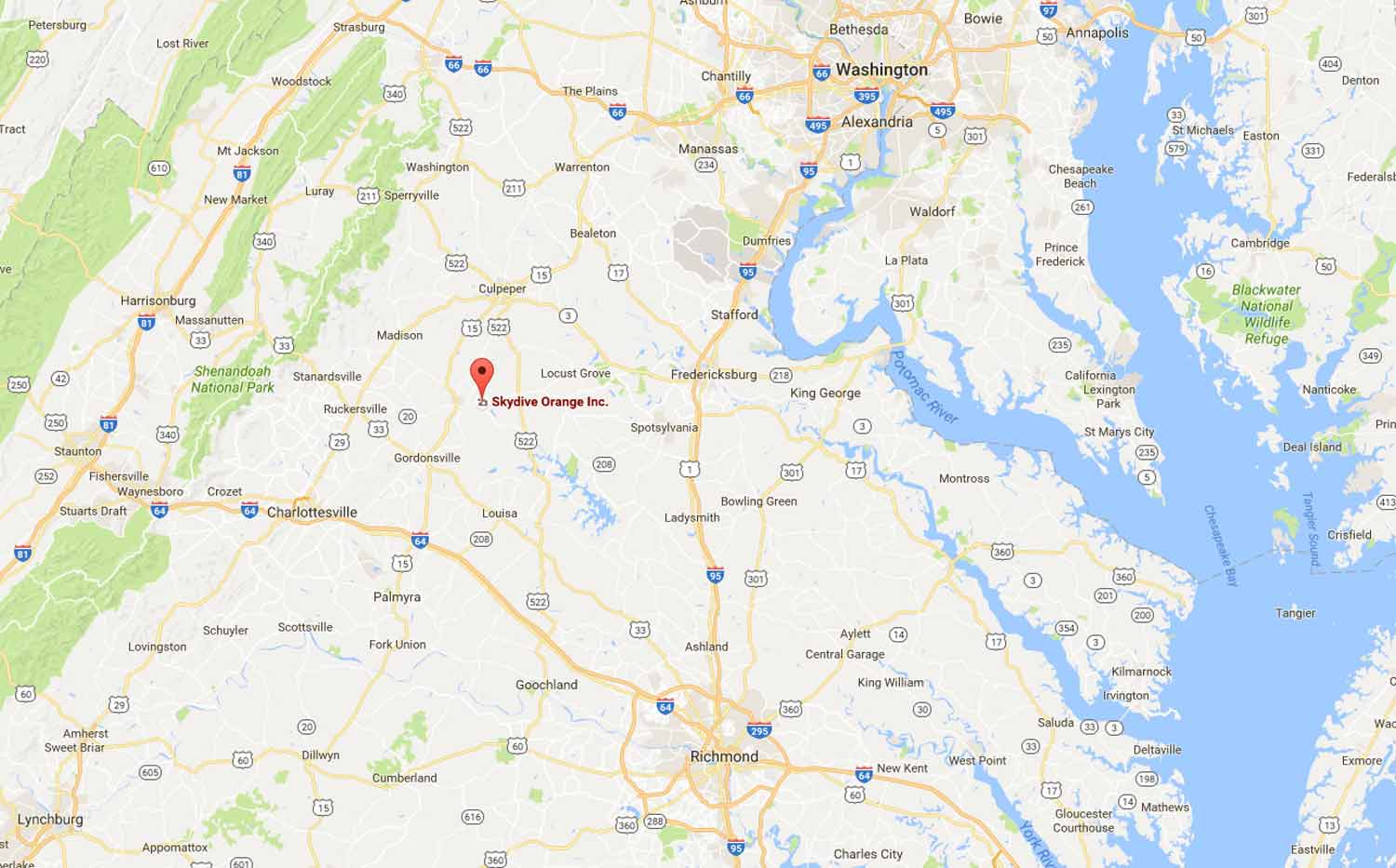 Map showing location of Skydive Orange in VA