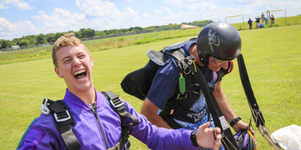 Pair of Skydivers Looking Extremely Happy after Jumping