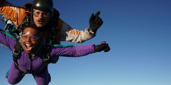 Skydiving guest from Morgantown, West Virginia in freefall